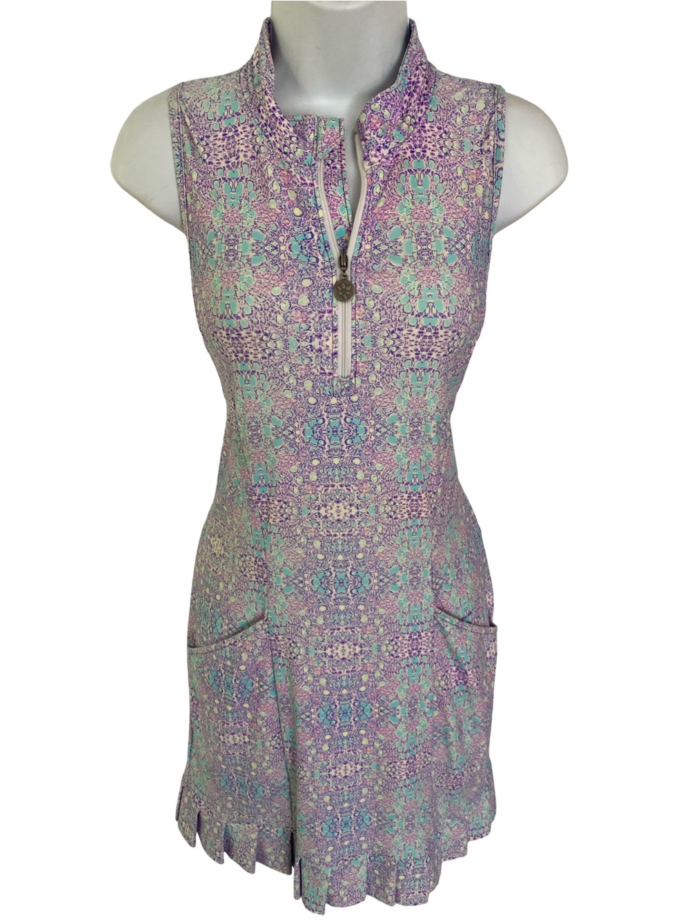 Tzu Tzu  Zip-Front Printed Shift Dress in Lavender & Mint -S muted colors